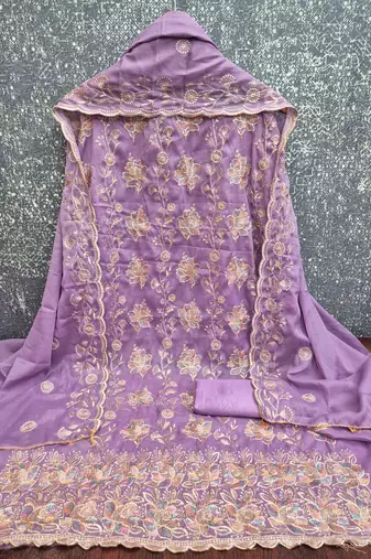 purple georgette embroidered unstitched dressmaterials 3 pair top bottom dupptaa