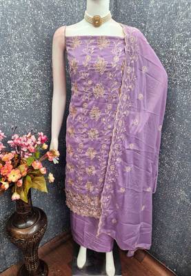 Purple georgette embroidered unstitched dressmaterials 3 pair top bottom dupptaa 3