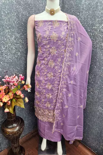 purple georgette embroidered unstitched dressmaterials 3 pair top bottom dupptaa