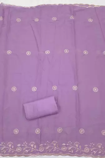 purple georgette embroidered unstitched dressmaterials 3 pair top bottom dupptaa