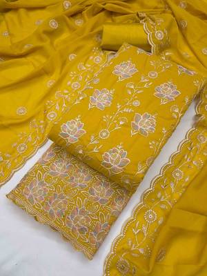 Yellow georgette embroidered unstitched dressmaterials 3 pair top bottom dupptaa 1