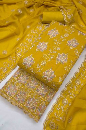 yellow georgette embroidered unstitched dressmaterials 3 pair top bottom dupptaa