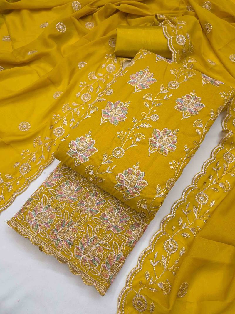 Yellow georgette embroidered unstitched dressmaterials 3 pair top bottom dupptaa