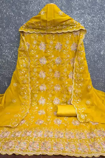 yellow georgette embroidered unstitched dressmaterials 3 pair top bottom dupptaa