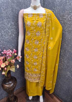 Yellow georgette embroidered unstitched dressmaterials 3 pair top bottom dupptaa 3