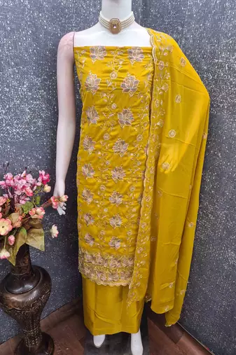 yellow georgette embroidered unstitched dressmaterials 3 pair top bottom dupptaa