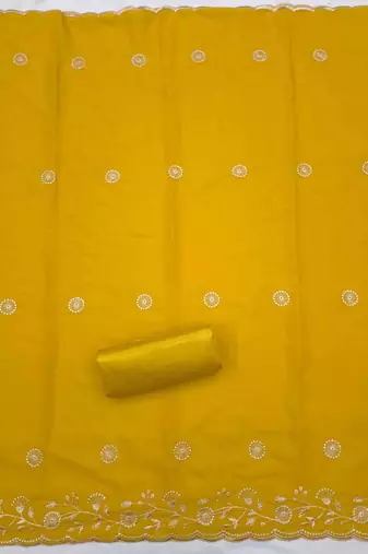 yellow georgette embroidered unstitched dressmaterials 3 pair top bottom dupptaa