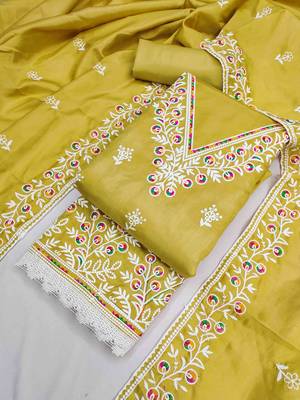 Yellow cotton embroidered unstitched dressmaterials 3 pair top bottom dupptaa 1