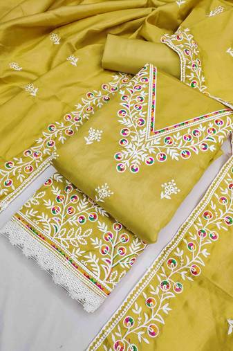 yellow cotton blend embroidered unstitched dressmaterials 3 pair top bottom dupptaa