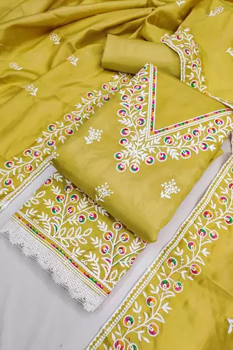 yellow cotton blend embroidered unstitched dressmaterials 3 pair top bottom dupptaa