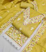 Yellow cotton embroidered unstitched dressmaterials 3 pair top bottom dupptaa