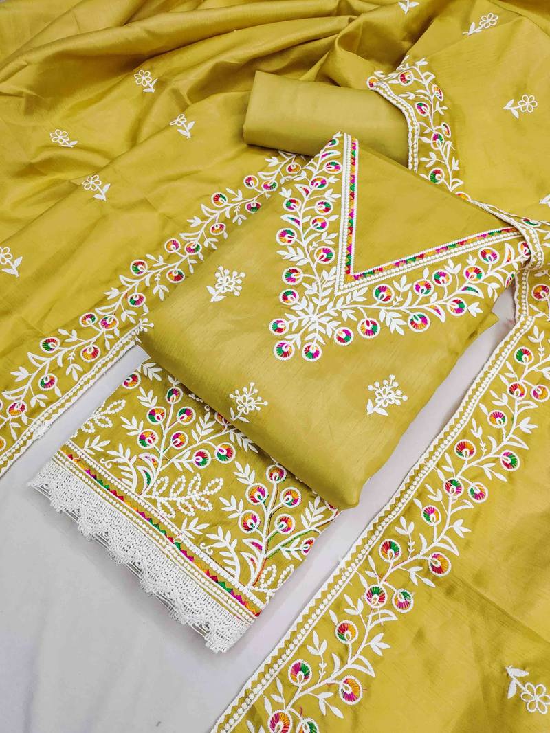 Yellow cotton embroidered unstitched dressmaterials 3 pair top bottom dupptaa