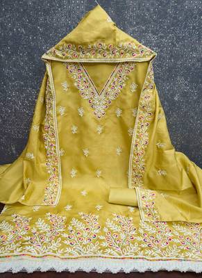 Yellow cotton embroidered unstitched dressmaterials 3 pair top bottom dupptaa 2
