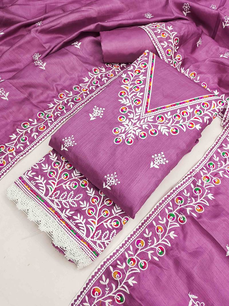 Pink cotton embroidered unstitched dressmaterials 3 pair top bottom dupptaa