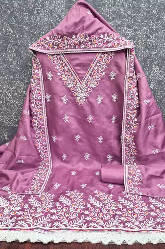 pink cotton blend embroidered unstitched dressmaterials 3 pair top bottom dupptaa
