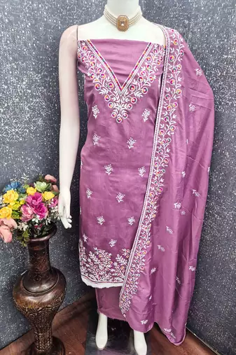 pink cotton blend embroidered unstitched dressmaterials 3 pair top bottom dupptaa