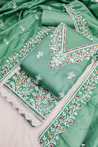 sea green cotton blend embroidered unstitched dressmaterials 3 pair top bottom dupptaa