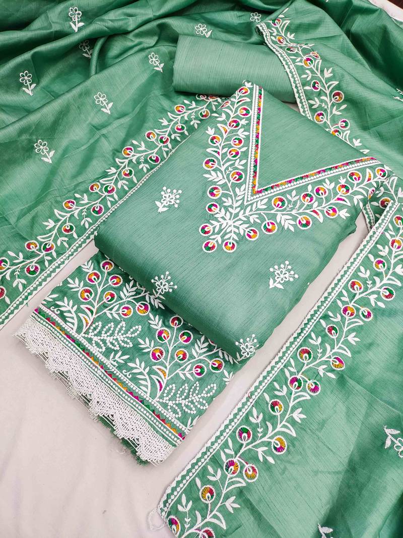 Sea green cotton embroidered unstitched dressmaterials 3 pair top bottom dupptaa