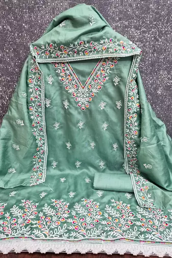 sea green cotton blend embroidered unstitched dressmaterials 3 pair top bottom dupptaa