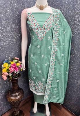 Sea green cotton embroidered unstitched dressmaterials 3 pair top bottom dupptaa 3