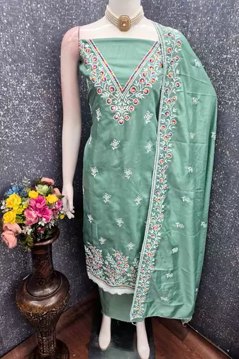 sea green cotton blend embroidered unstitched dressmaterials 3 pair top bottom dupptaa