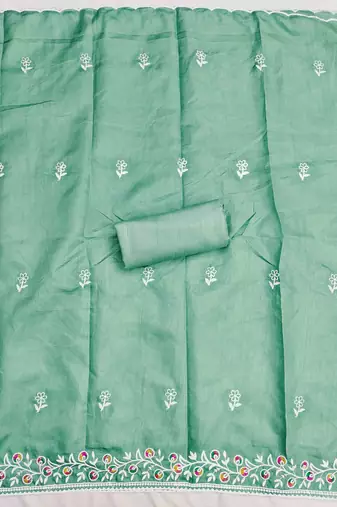sea green cotton blend embroidered unstitched dressmaterials 3 pair top bottom dupptaa