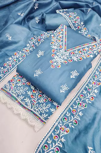 sky cotton blend embroidered unstitched dressmaterials 3 pair top bottom dupptaa