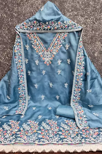 sky cotton blend embroidered unstitched dressmaterials 3 pair top bottom dupptaa