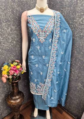 Sky cotton embroidered unstitched dressmaterials 3 pair top bottom dupptaa 3