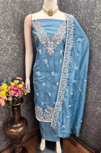 sky cotton blend embroidered unstitched dressmaterials 3 pair top bottom dupptaa