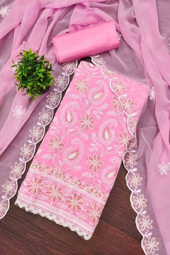 pink georgette embroidered unstitched dressmaterials 3 pair top bottom dupptaa
