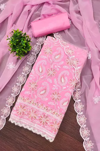 pink georgette embroidered unstitched dressmaterials 3 pair top bottom dupptaa