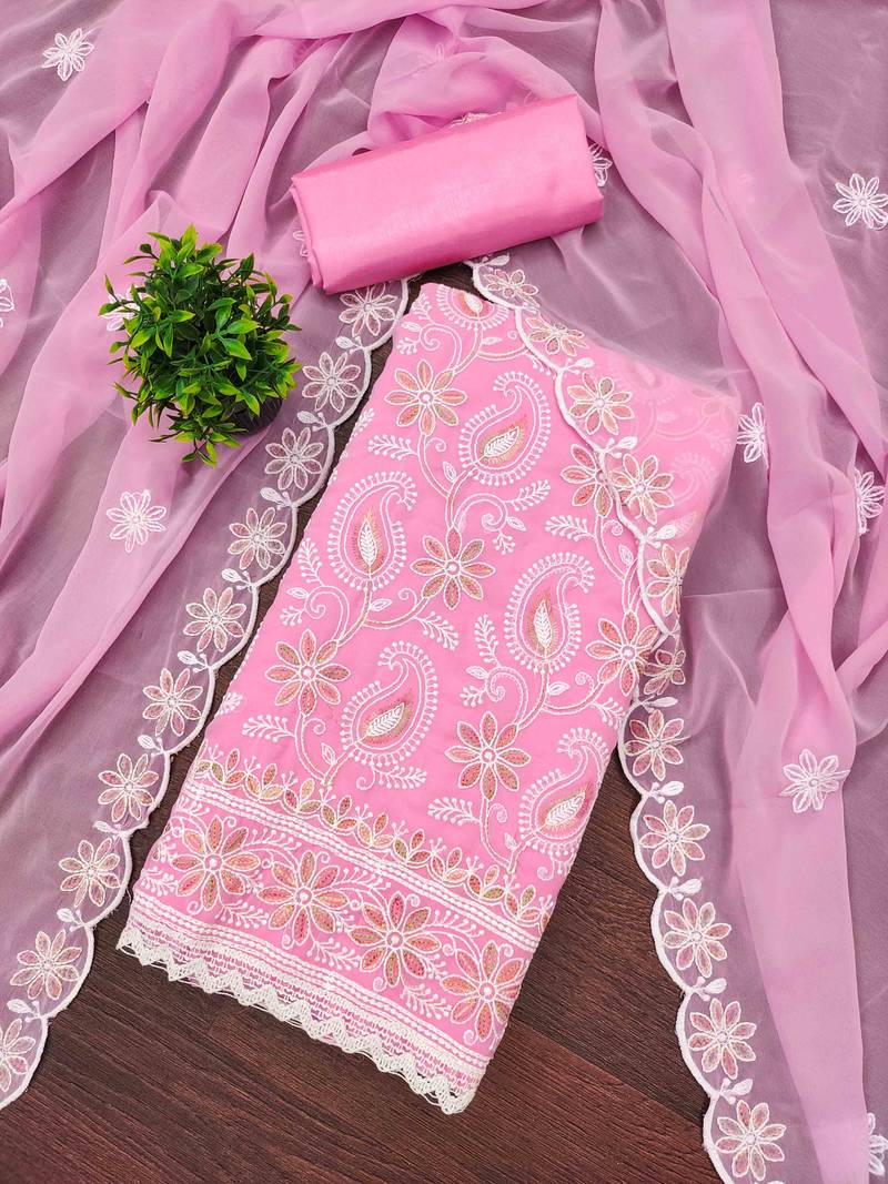 Pink georette  embroidered unstitched dressmaterials 3 pair top bottom dupptaa