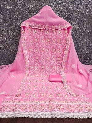 Pink georette  embroidered unstitched dressmaterials 3 pair top bottom dupptaa 2