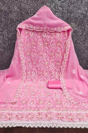 pink georgette embroidered unstitched dressmaterials 3 pair top bottom dupptaa