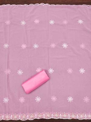 Pink georette  embroidered unstitched dressmaterials 3 pair top bottom dupptaa 3