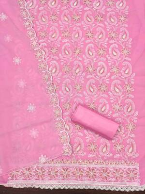 Pink georette  embroidered unstitched dressmaterials 3 pair top bottom dupptaa 4