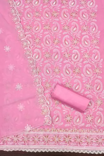 pink georgette embroidered unstitched dressmaterials 3 pair top bottom dupptaa