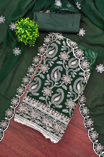 green georgette embroidered unstitched dressmaterials 3 pair top bottom dupptaa