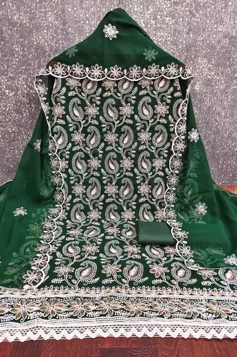green georgette embroidered unstitched dressmaterials 3 pair top bottom dupptaa
