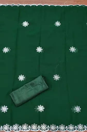 green georgette embroidered unstitched dressmaterials 3 pair top bottom dupptaa