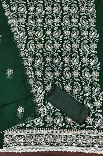 green georgette embroidered unstitched dressmaterials 3 pair top bottom dupptaa