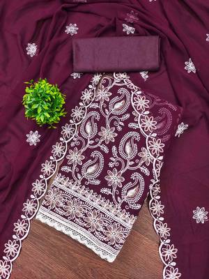 Purple georette  embroidered unstitched dressmaterials 3 pair top bottom dupptaa 1