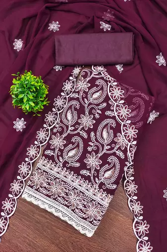 purple georgette embroidered unstitched dressmaterials 3 pair top bottom dupptaa