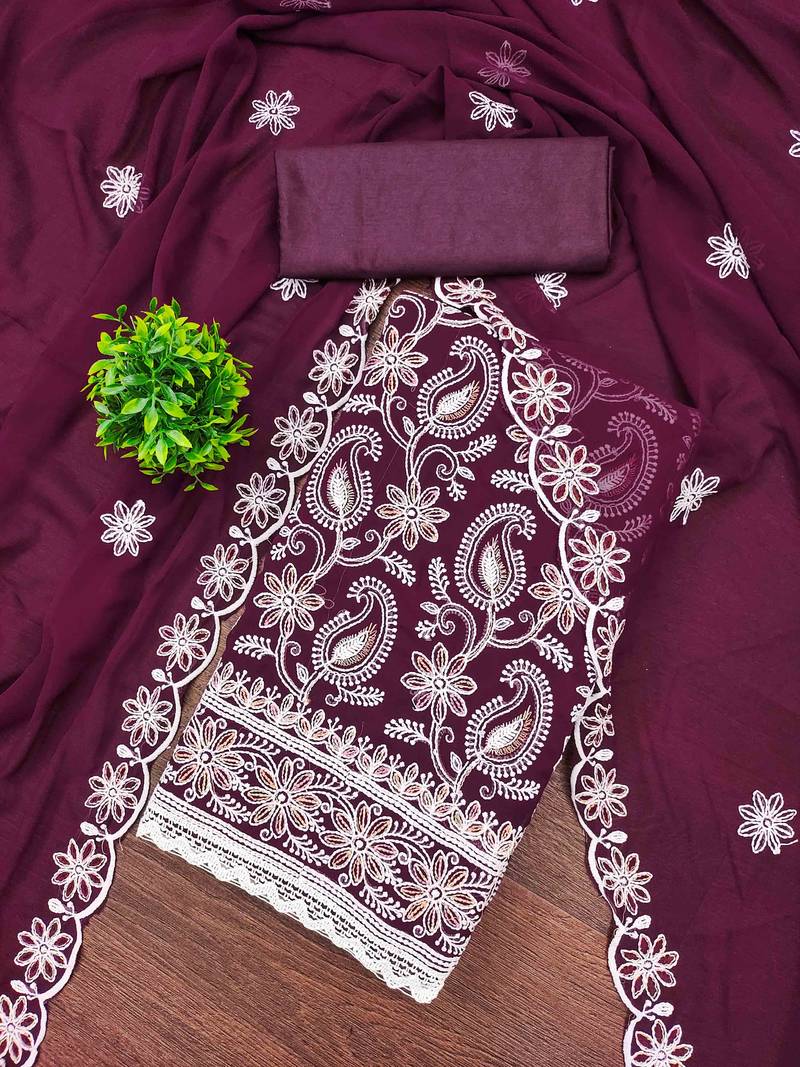 Purple georette  embroidered unstitched dressmaterials 3 pair top bottom dupptaa