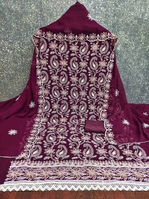 Purple georette  embroidered unstitched dressmaterials 3 pair top bottom dupptaa 2