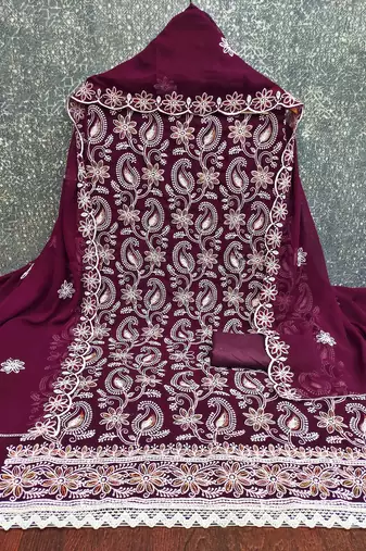 purple georgette embroidered unstitched dressmaterials 3 pair top bottom dupptaa