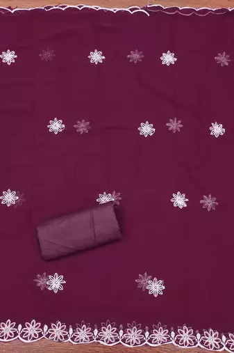 purple georgette embroidered unstitched dressmaterials 3 pair top bottom dupptaa
