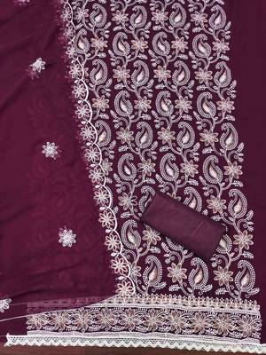 Purple georette  embroidered unstitched dressmaterials 3 pair top bottom dupptaa 4