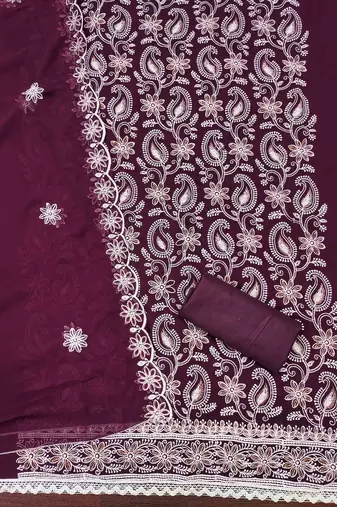purple georgette embroidered unstitched dressmaterials 3 pair top bottom dupptaa